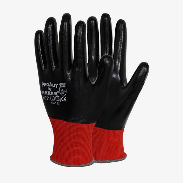 Red Polyester Liner with Black Nitrile Fully Coated with Smooth Finish, HS91