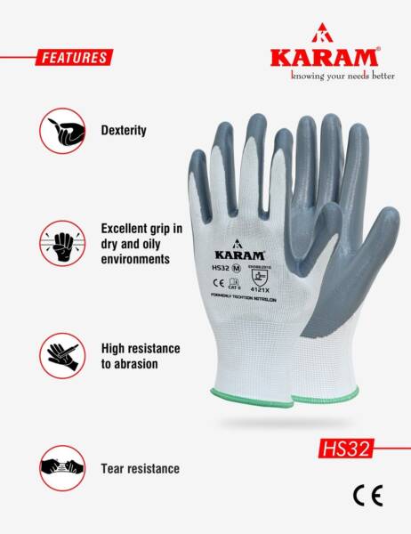 Polyester Liner with Nitrile Coating White Safety Gloves, HS32 - Image 4